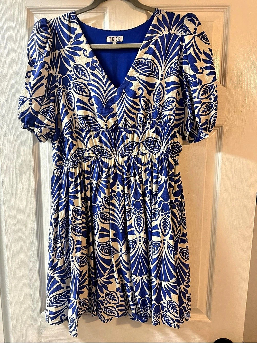 TCEC Blue White Abstract V-Neck Puff Sleeve Short A-Line Dress Size Large